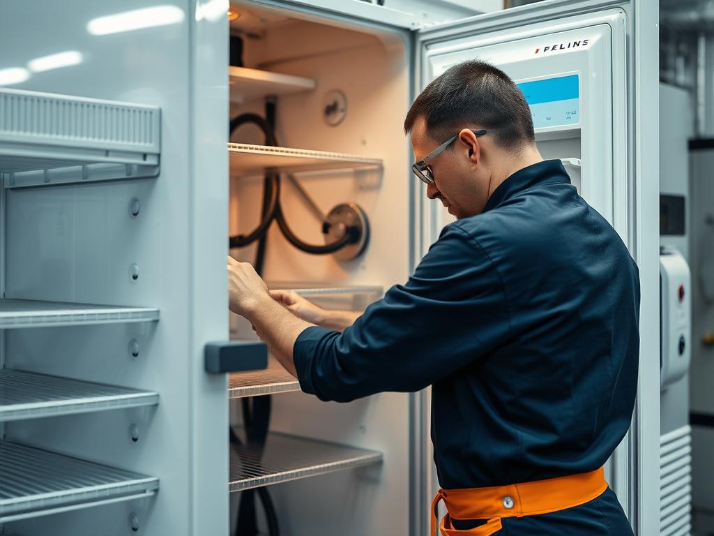 an image where a technician is repairing an industrial refrigeratorphoto