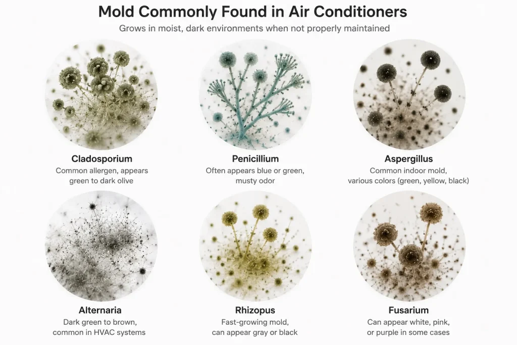 Common mold types that can grow inside HVAC systems and contribute to musty AC odors
