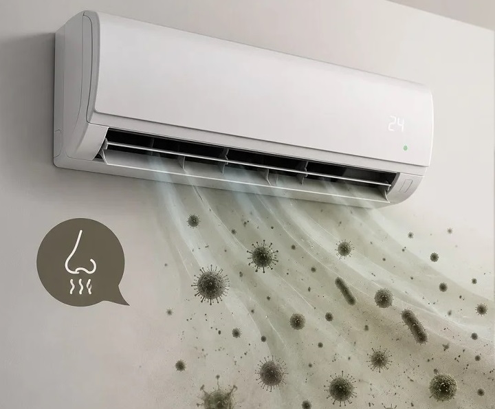 Musty smell from AC unit caused by mold, mildew, and microbial growth inside the HVAC system