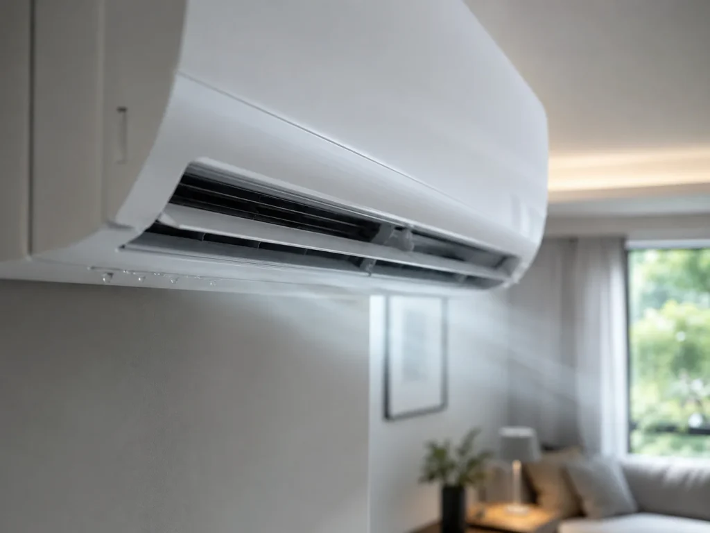 Wall-mounted mini split removing indoor humidity through the evaporator coil during cooling mode
