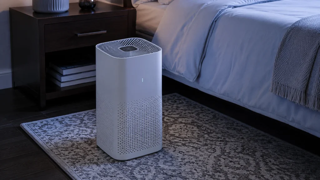 Portable air purifier with a HEPA filter improving indoor air quality in a bedroom