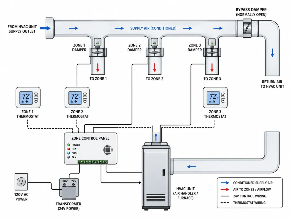 HVAC zone control system diagram showing thermostats, motorized dampers, a control panel, and separate climate zones
