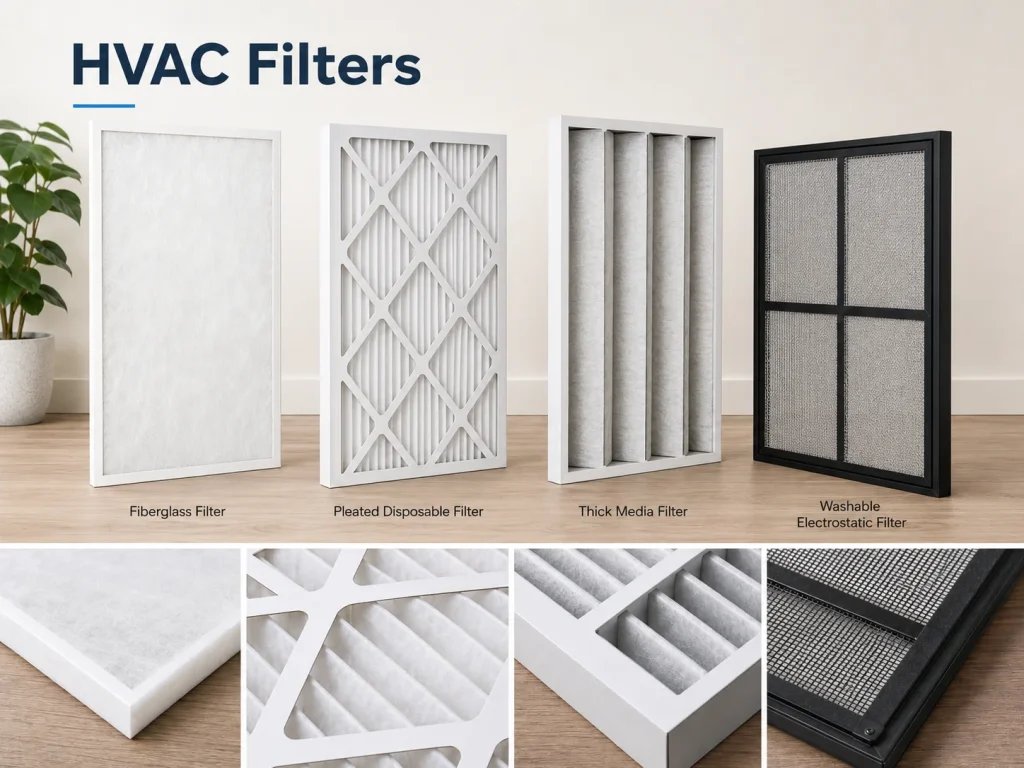 Standard HVAC air filters, including fiberglass, pleated, media, and washable electrostatic filters
